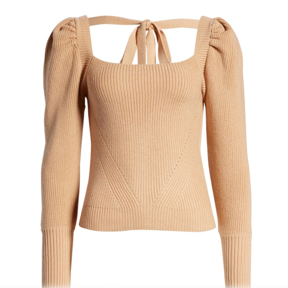 WAYF Leland Tie Back Puff Sleeve Sweater Camel M